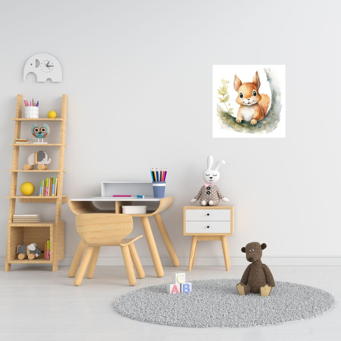 Adorable Red Squirrel Watercolor Curved Tree Branch Nursery Poster - Image 3