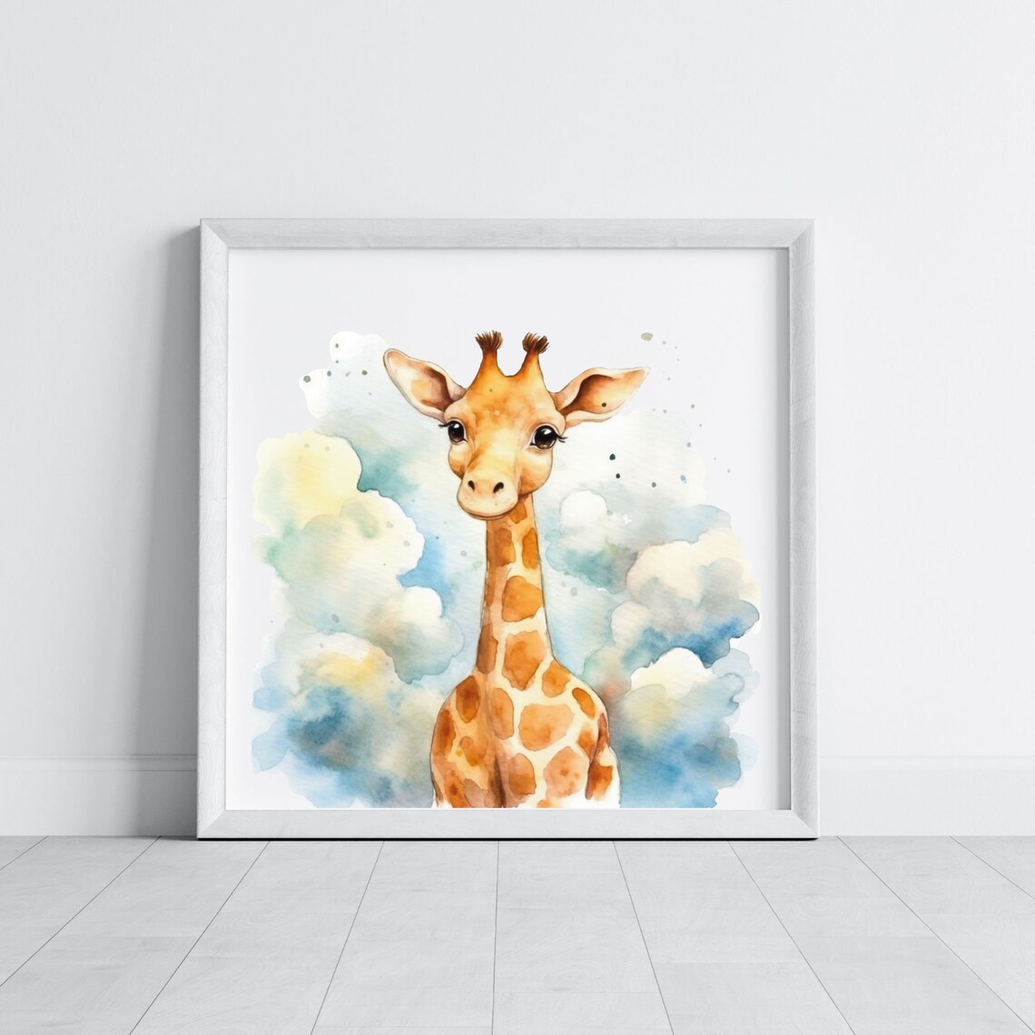 Adorable Baby Giraffe Watercolor Clouds Nursery Animal Poster - Image 3