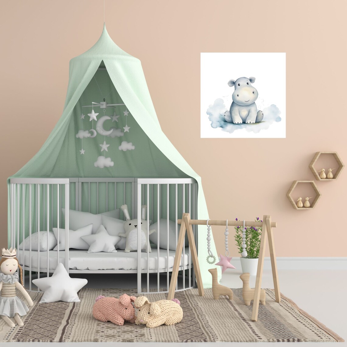 Cheerful Baby Hippo Watercolor Blue Wash Nursery Animal Poster - Image 2