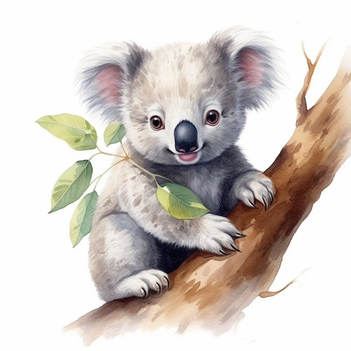 Sweet Baby Koala Watercolor Eucalyptus Branch Nursery Wall Art