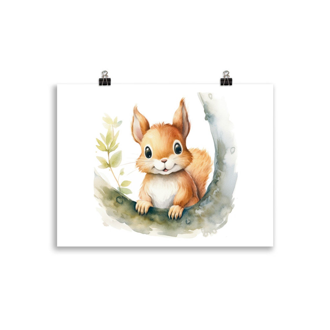 Cute Baby Squirrel Watercolor Tree Branch Nursery Animal Poster