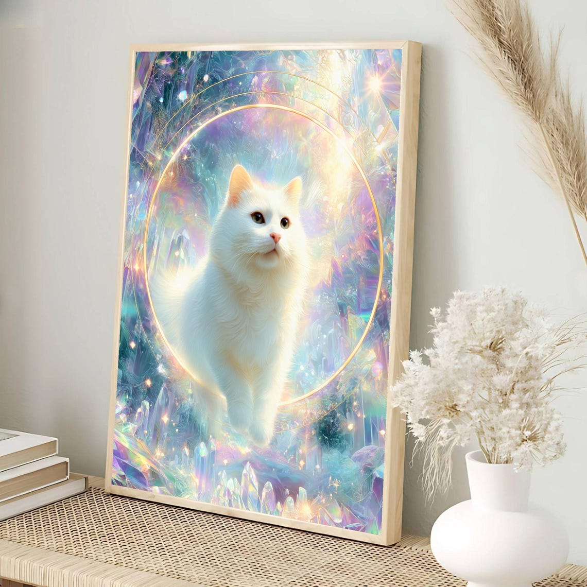 White Cat Crystal Aura Iridescent Mystical Celestial Cat Poster