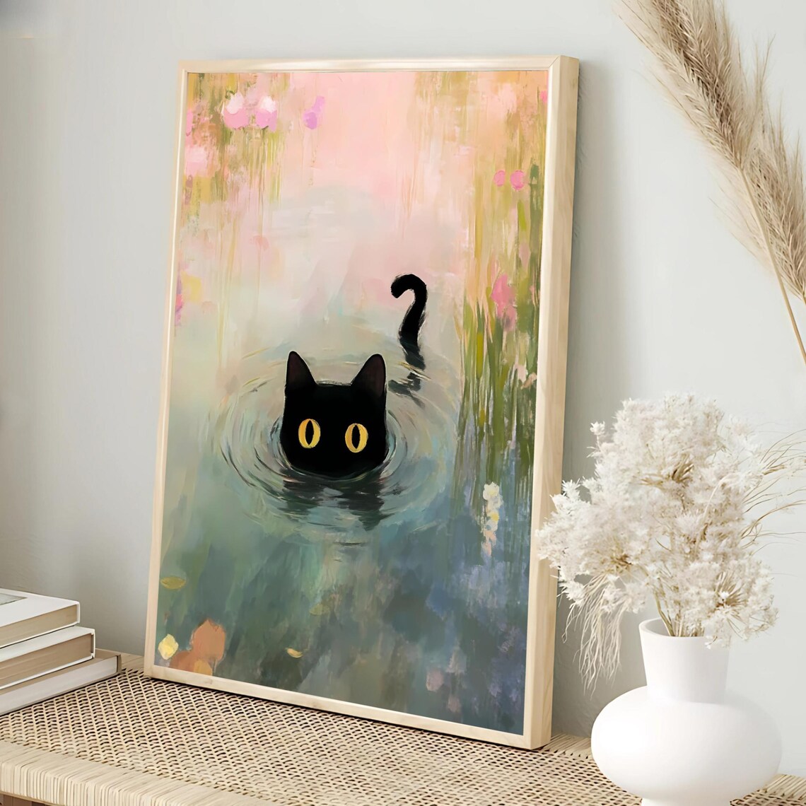 Monet Waterlily Pond Black Cat Swimming Yellow Eyes Art Poster - Image 2