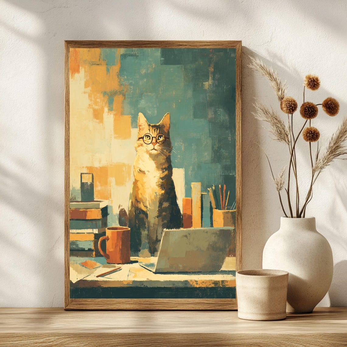 Cozy Tabby Cat in Round Glasses Coffee Laptop Home Office Poster