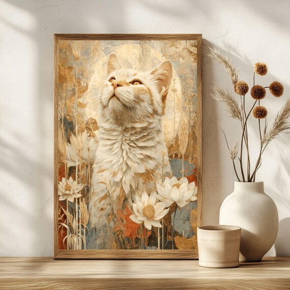 Art Nouveau Cream Cat Golden Halo Lotus Wheat Elegant Wall Poster