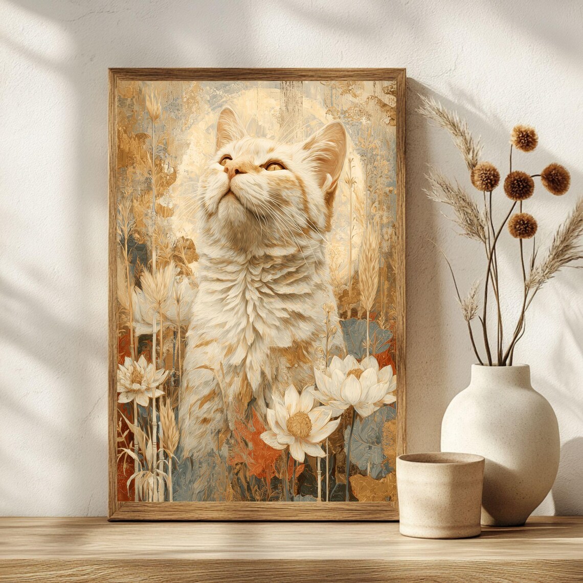 Art Nouveau Cream Cat Golden Halo Lotus Wheat Elegant Wall Poster