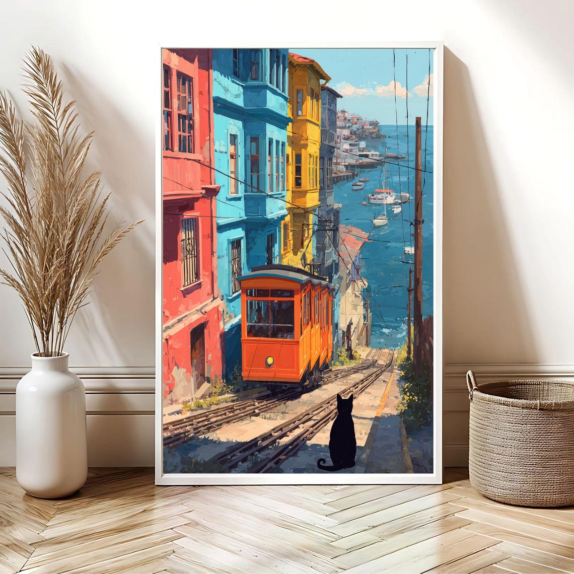 Coastal Port Funicular Tram Street Black Cat Harbor Art Poster - Image 2