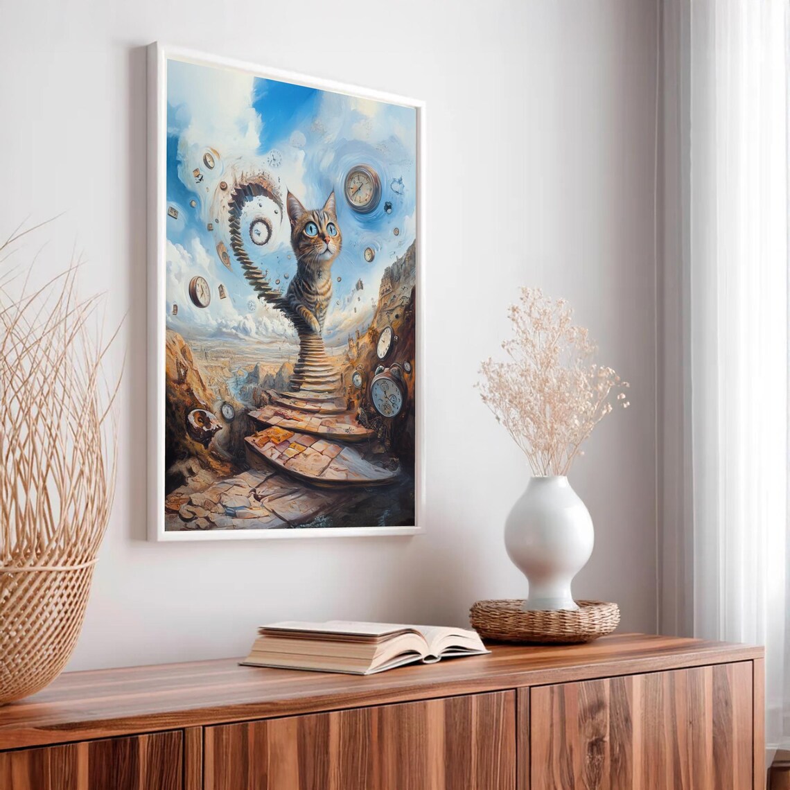 Surreal Dream Cat Spiral Staircase Melting Clocks Dali Style Poster - Image 3