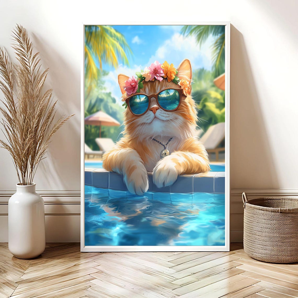 Cool Orange Cat With Sunglasses at Tropical Pool Party Poster
