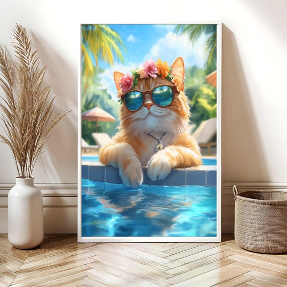 Cool Orange Cat With Sunglasses at Tropical Pool Party Poster