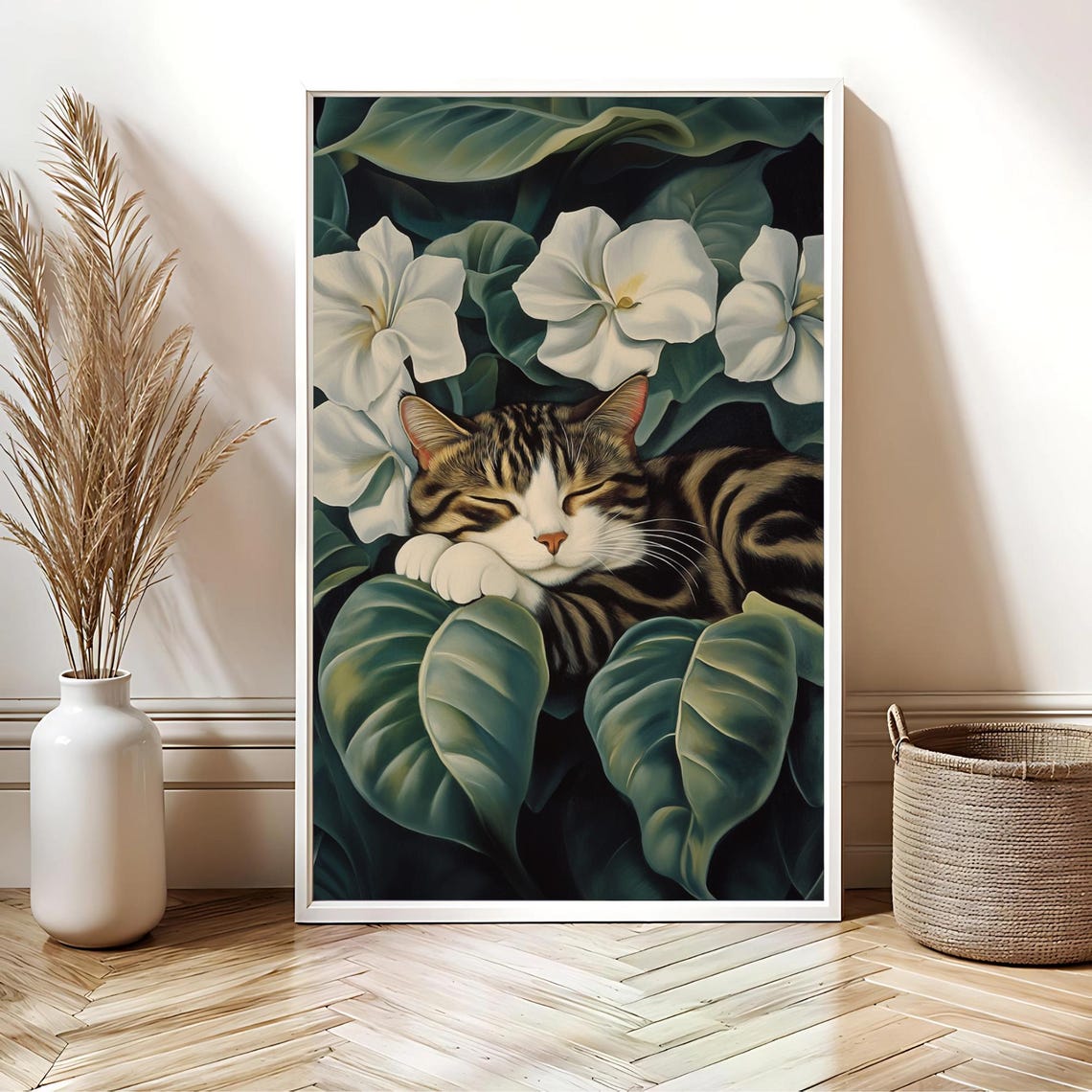 Sleeping Tabby Cat Georgia O Keeffe Style White Flower Poster - Image 3