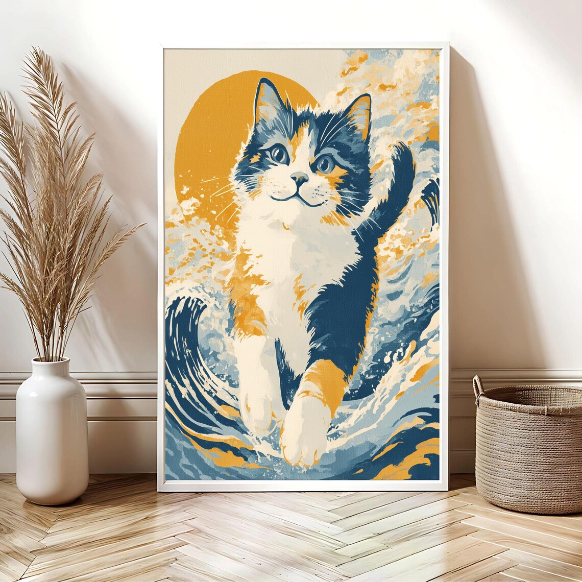 Calico Kitten Riding the Great Wave Japanese Ukiyoe Art Poster - Image 2