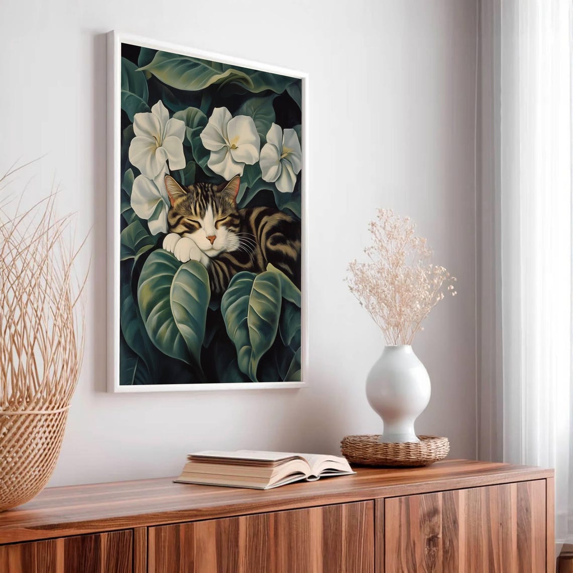 Sleeping Tabby Cat Georgia O Keeffe Style White Flower Poster - Image 2