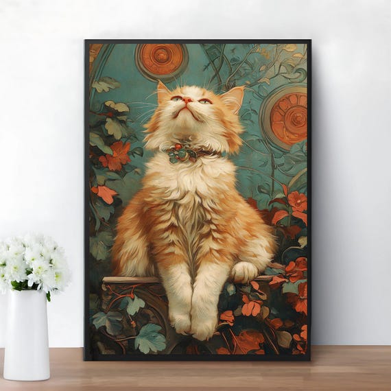 Art Deco Nouveau Cat Print, Alphonse Mucha Vintage