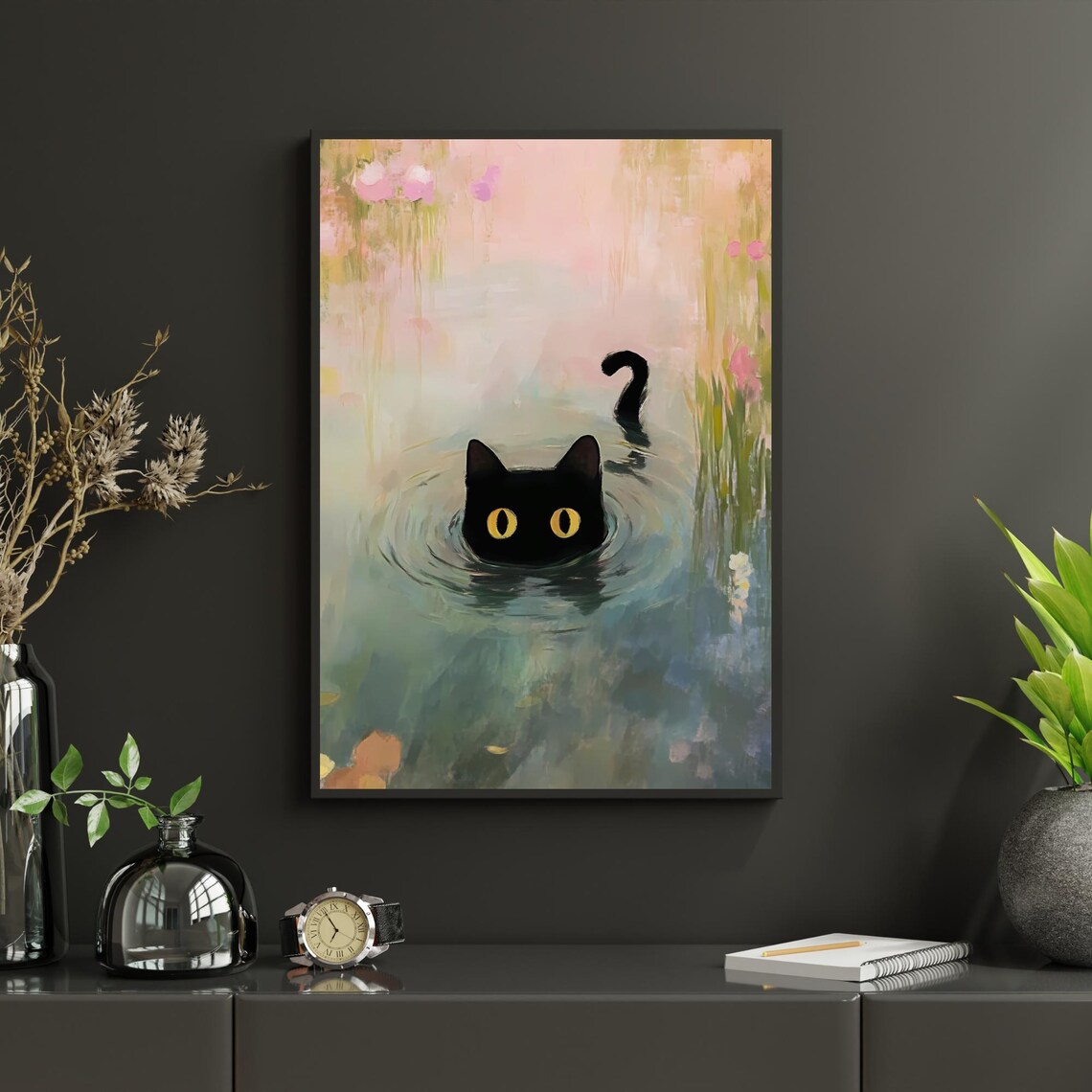 Monet Waterlily Pond Black Cat Swimming Yellow Eyes Art Poster - Image 3