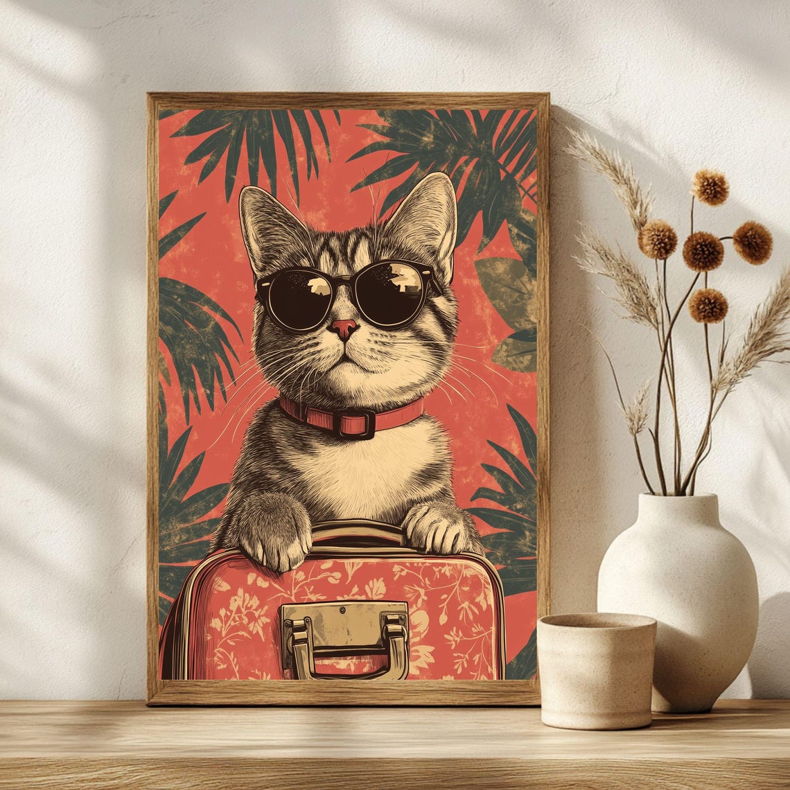 Cat Summer Travel Cool Tabby Sunglasses Suitcase Tropical Poster