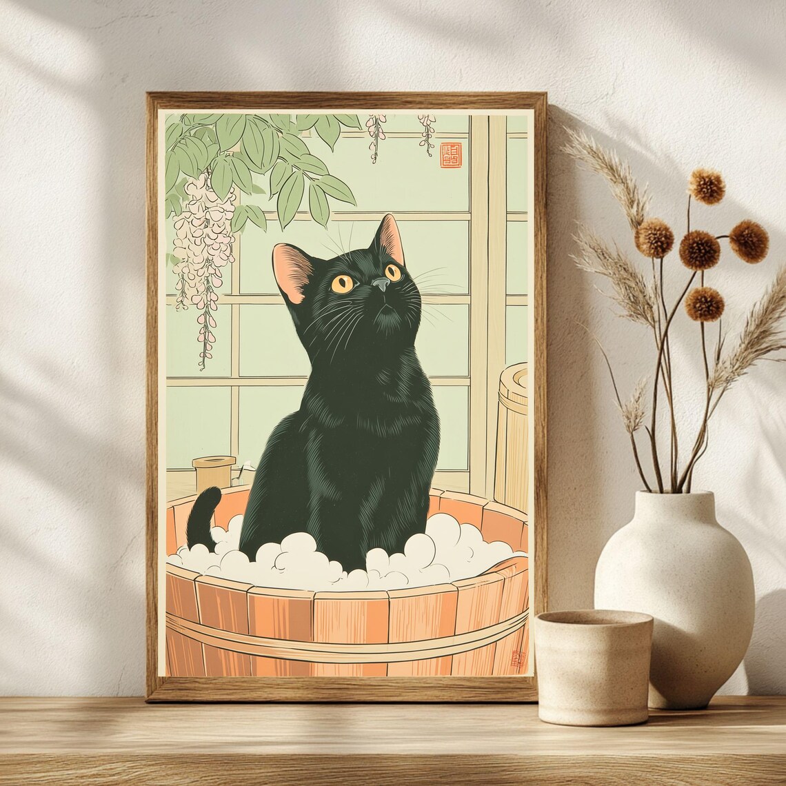 Black Cat in Bubble Bath Japanese Woodblock Style Wisteria Poster - Image 3