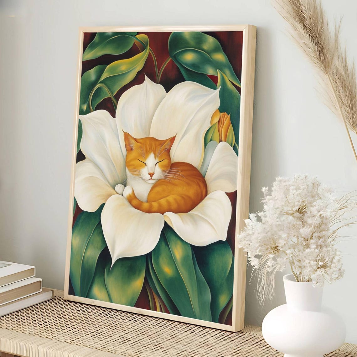 Ginger Cat Sleeping Inside Giant White Flower Floral Art Poster - Image 2
