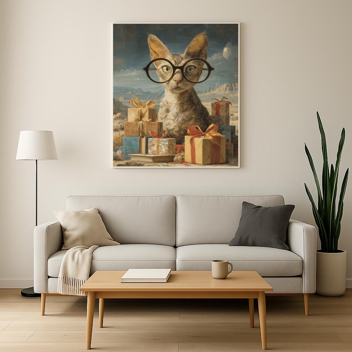 Cat in Glasses With Christmas Gifts Surreal Holiday Art Poster - Image 3