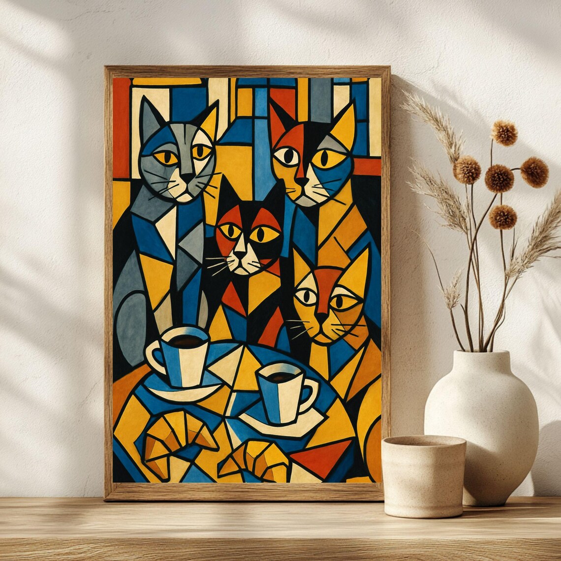 Cubist Coffee Cats Geometric Four Cats Cups Croissants Art Poster - Image 2