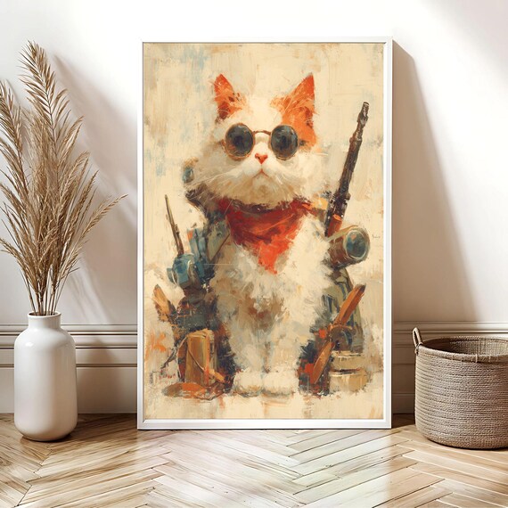White Warrior Cat With Sunglasses Red Bandana Action Art Poster