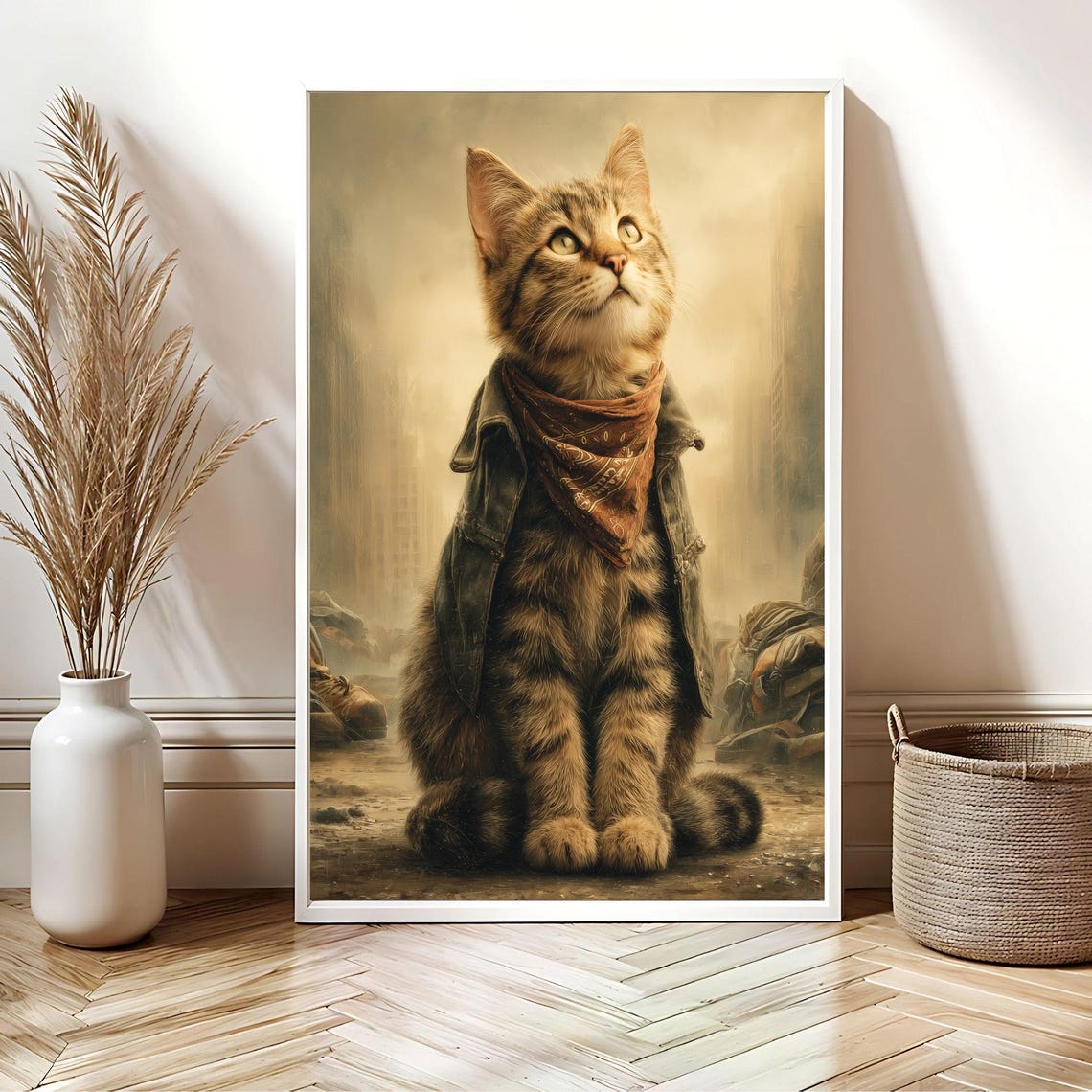Rugged Survivor Cat in Jacket and Bandana Ruined Street Poster