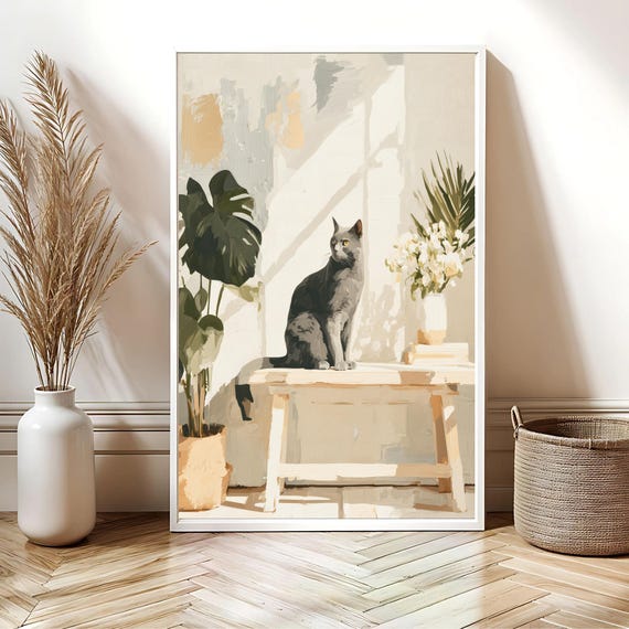 Minimalist Cat Art Print, Boho Style Poster