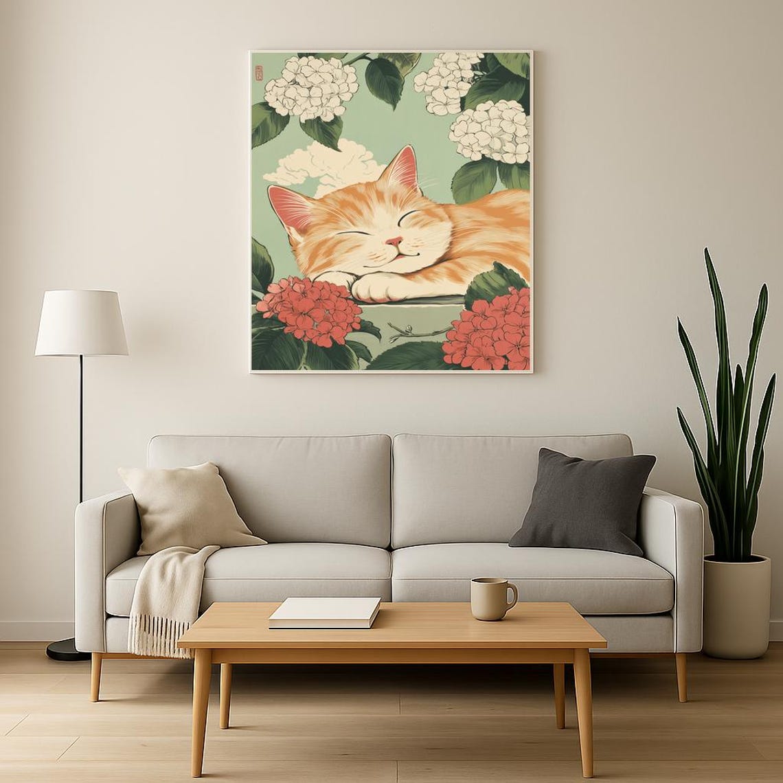 Sleeping Orange Cat Japanese Woodblock Hydrangea Flower Poster - Image 3
