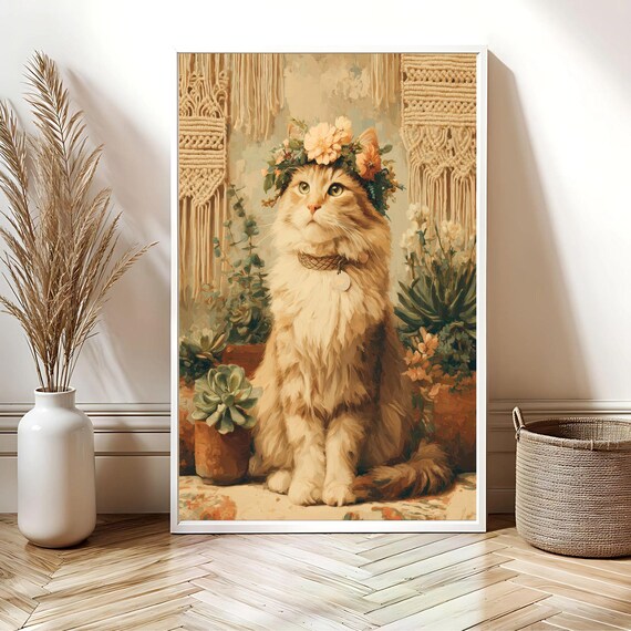 Boho Cat Flower Crown Macrame Succulents Bohemian Wall Poster
