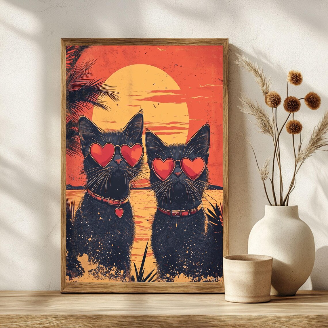 Black Cat Couple in Heart Sunglasses Sunset Beach Love Poster