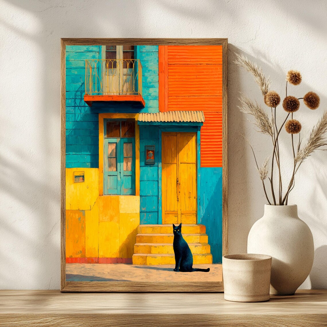 La Boca Black Cat Colorful Turquoise Yellow Houses Street Poster - Image 2