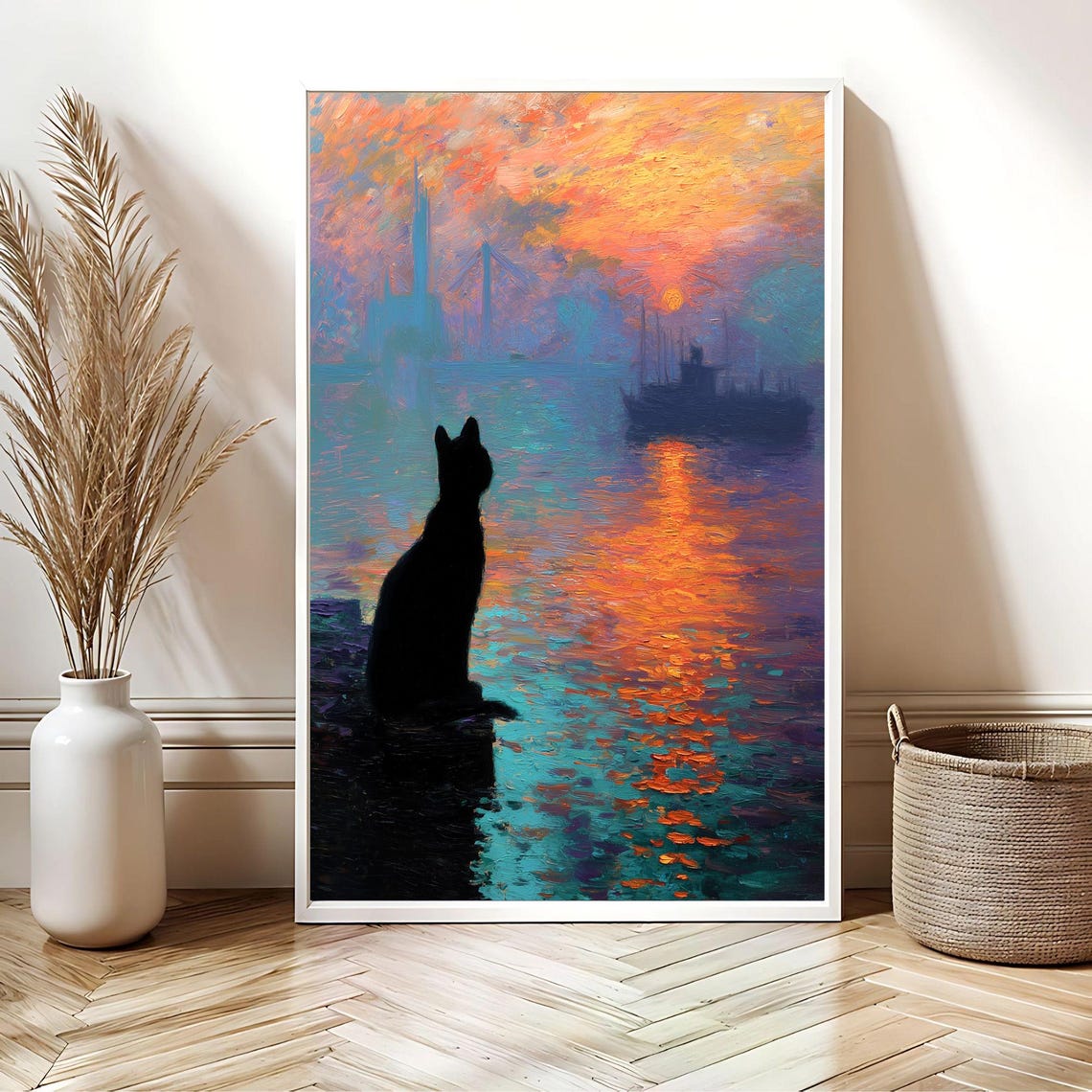 Black Cat Silhouette Watching Sunrise Harbor Monet Style Poster