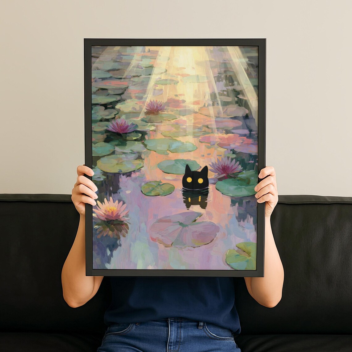 Whimsical Black Cat Lily Pond Pastel Watercolor Dreamy Cozy Wall Poster