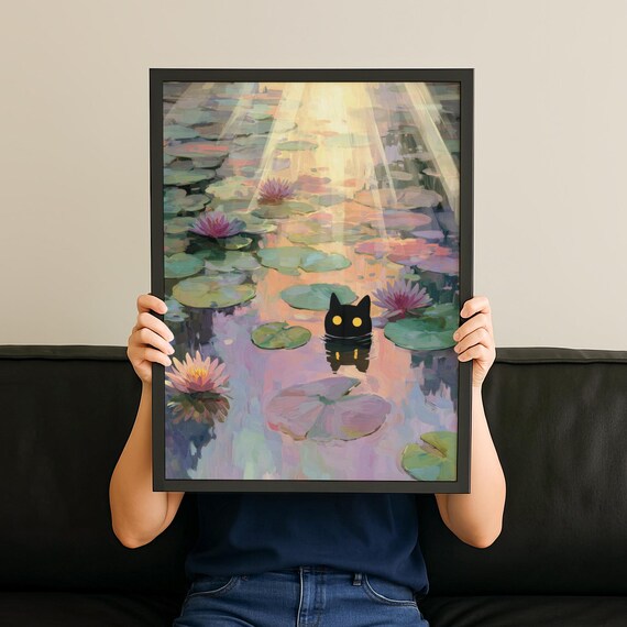 Whimsical Black Cat Lily Pond Pastel Watercolor Dreamy Cozy Wall Poster