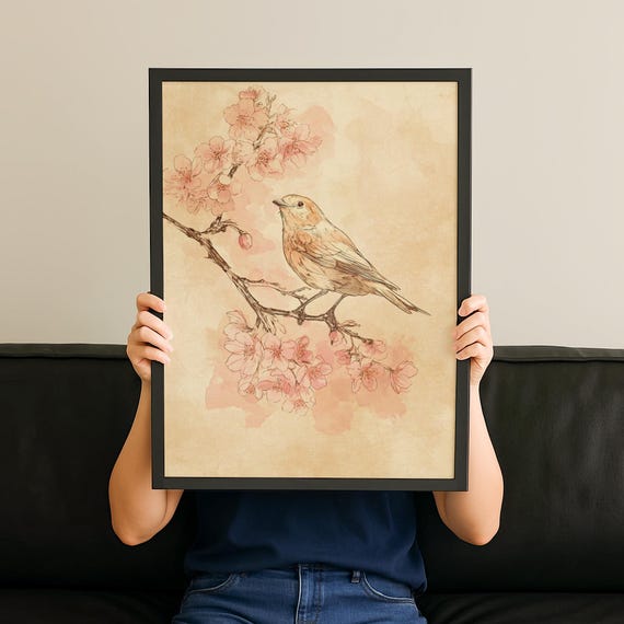 Japanese Bird Wall Art Cherry Blossom Painting Vintage Songbird Print Wabi Sabi Decor Minimalist Home No 167