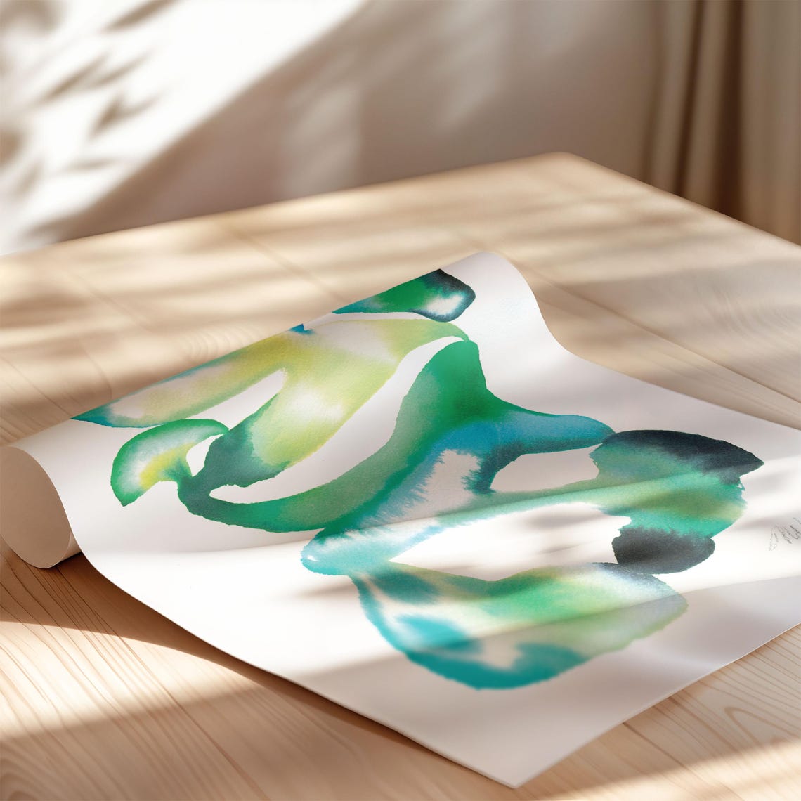 Green Teal Fluid Organic Watercolor Abstract Botanical Poster - Image 3