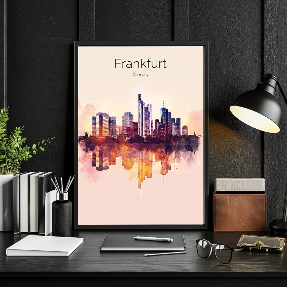 Frankfurt Germany Watercolor Modern Skyline Sunset Glow Poster