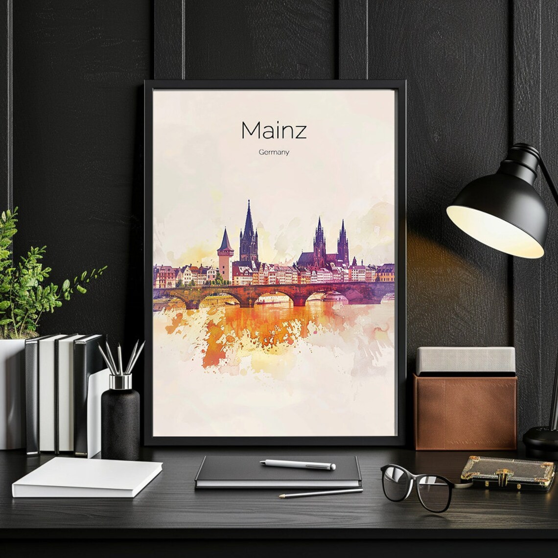 Mainz Germany Cathedral Rhine Bridge Watercolor Skyline Travel Poster