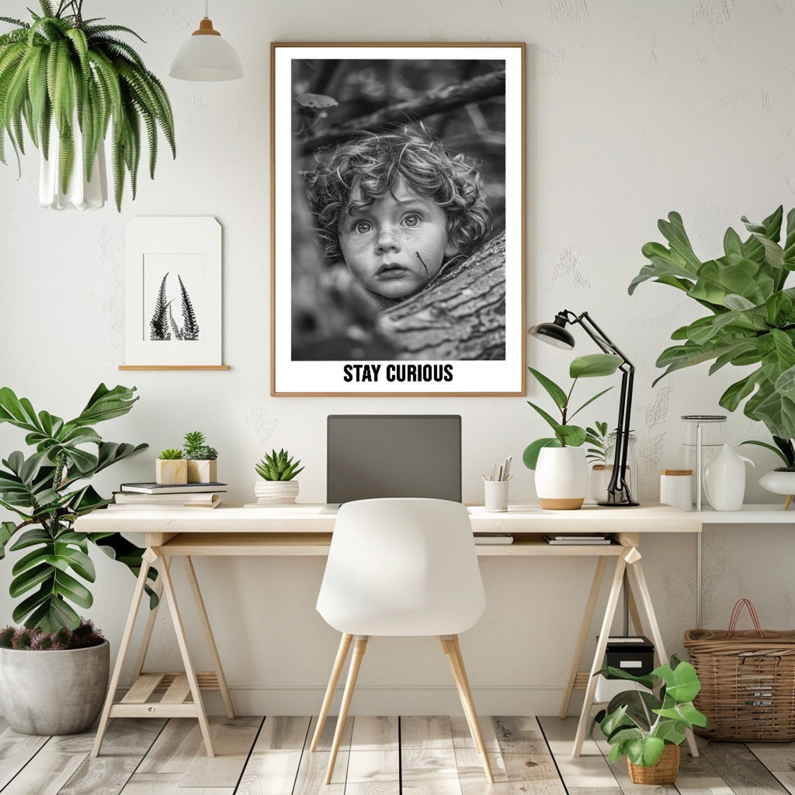 Curious Curly Haired Child Peeking Stay Curious Black White Poster