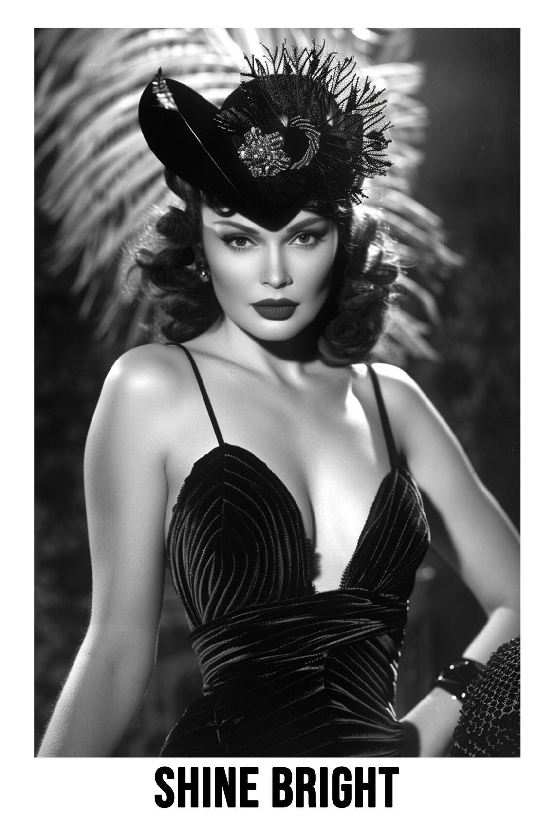 Vintage Glamour Woman In Feathered Hat Shine Bright Black White Poster - Image 2
