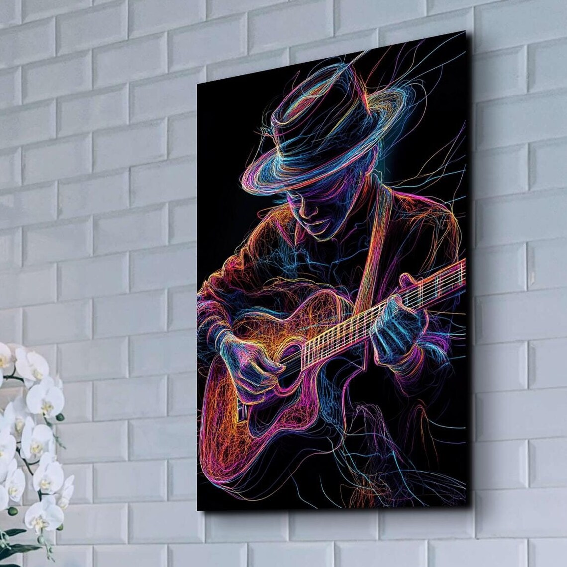Neon Line Art Acoustic Guitarist Bowing Low Over Guitar Poster