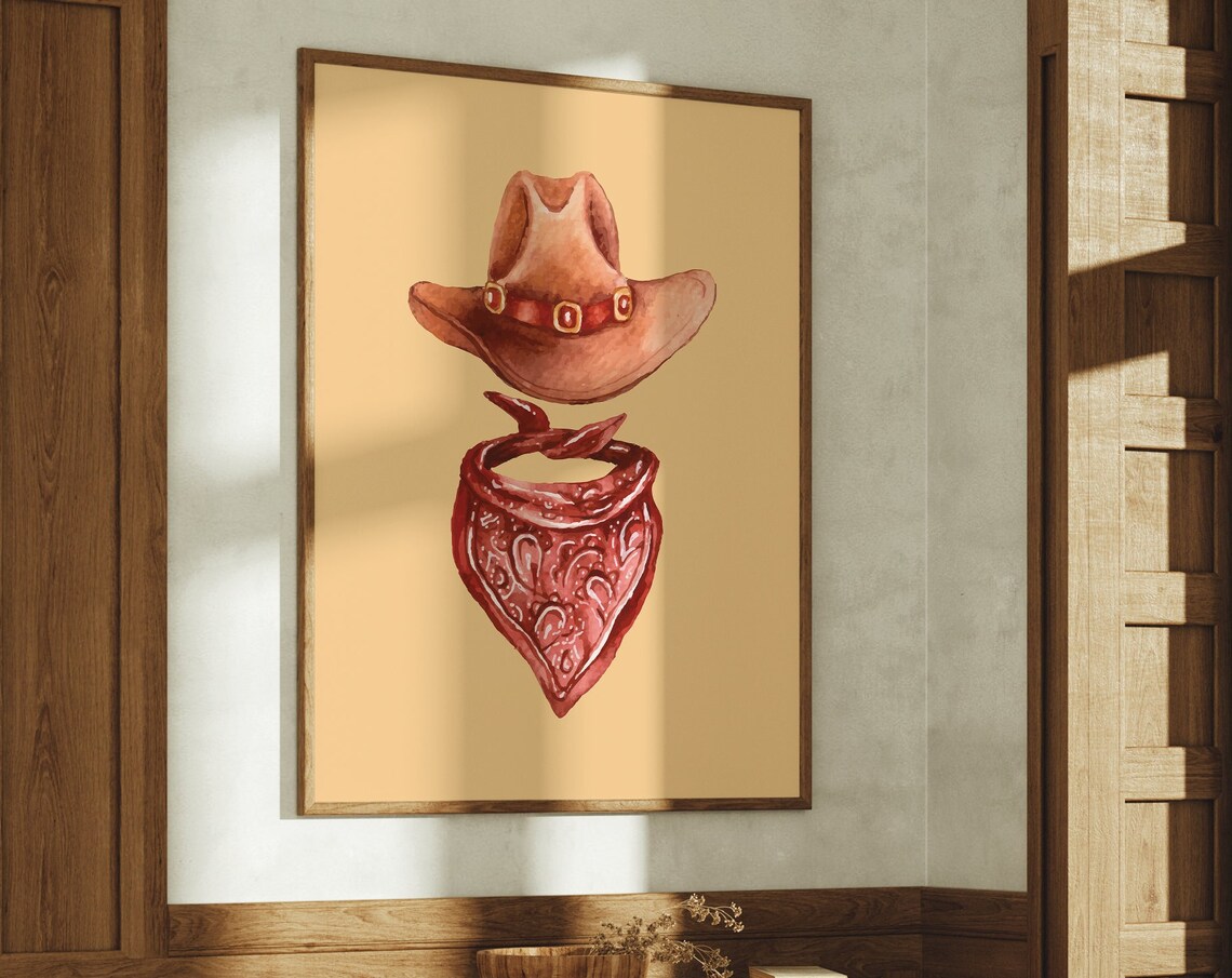 Cowboy Hat and Red Bandana Watercolor Western Ranch Wall Art Poster