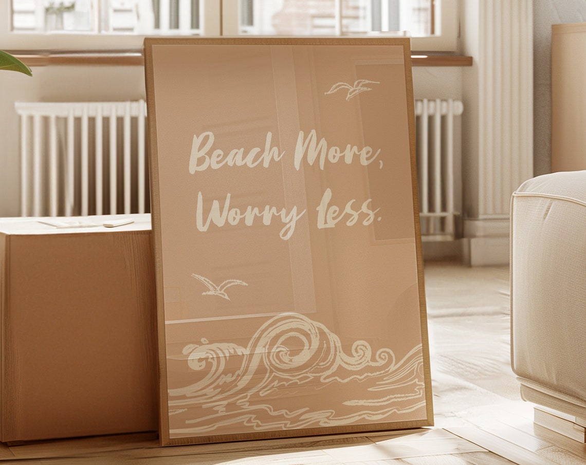 Beach More Worry Less Script Seagull Waves Tan Boho Coastal Poster