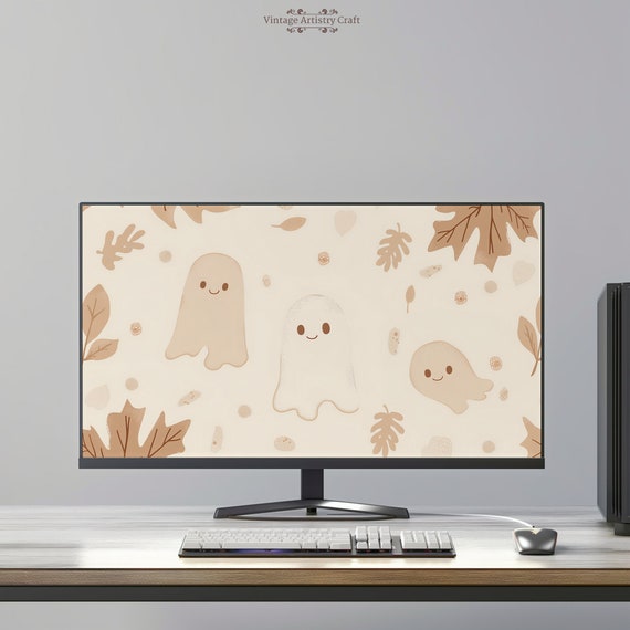 Cute Smiling Ghost Neutral Beige Aesthetic Halloween Desktop Wallpaper 4k Pc Imac Laptop Macbook Minimalist Background Uhd