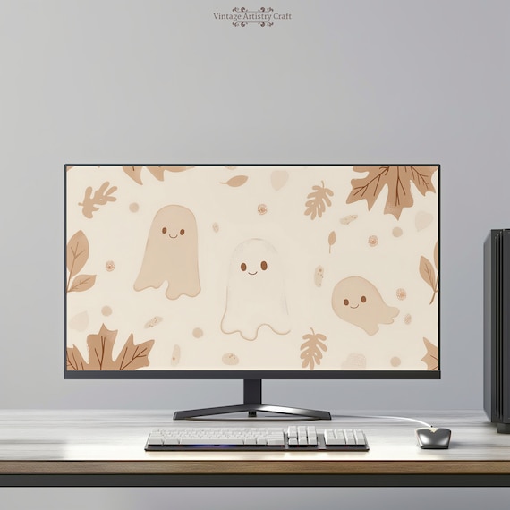 Cute Smiling Ghosts Beige Fall Leaves Desktop Wallpaper Halloween Poster
