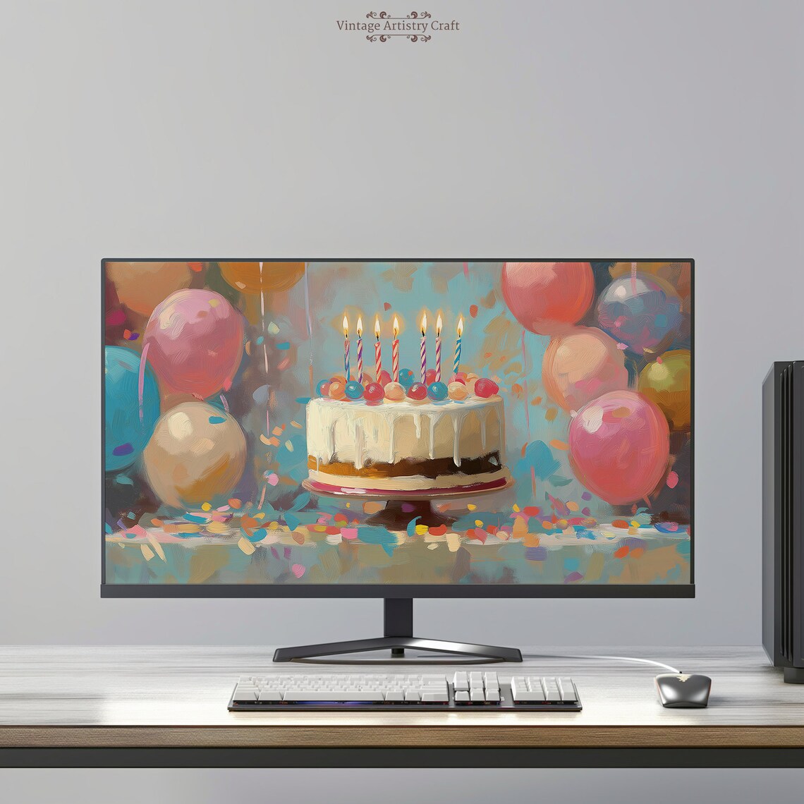 Happy Birthday Cake Balloons Confetti Colorful Wallpaper Poster