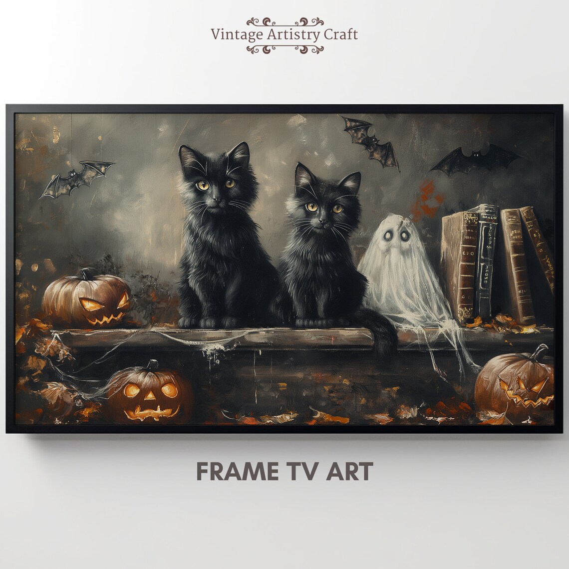 Cute Black Cats Halloween Retro Ghost Art Print - Image 7