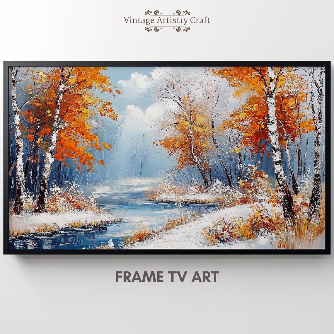 Snowy Birch Forest River Autumn Snow Impressionist Art Poster
