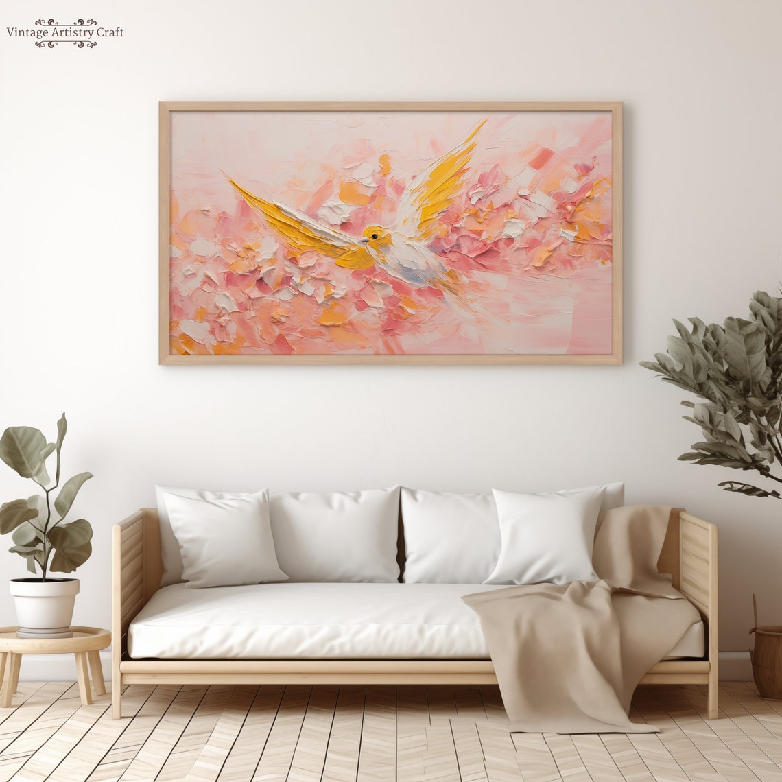White Bird Golden Wings Pink Impasto Abstract Spring Art Poster - Image 4