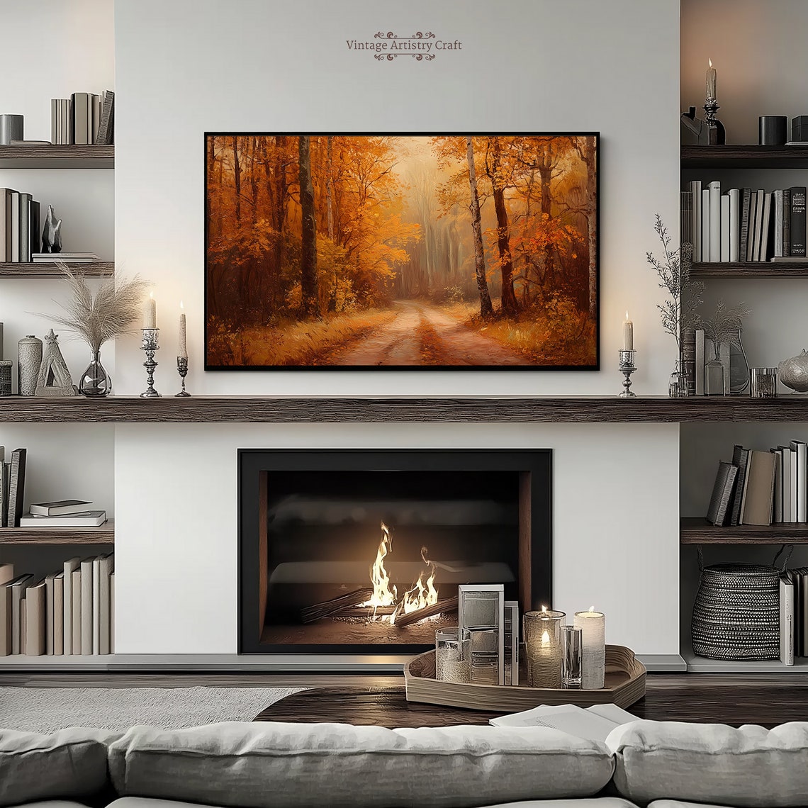 Golden Autumn Forest Path Misty Morning Vintage Oil Painting Poster - Image 4